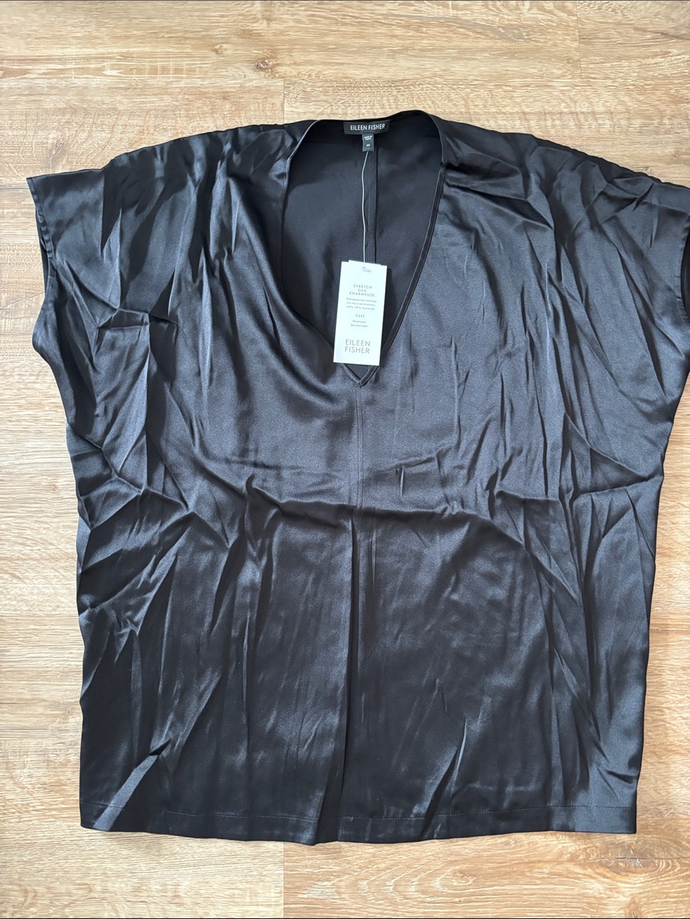 Eileen Fisher Black Satin V-Neck Blouse